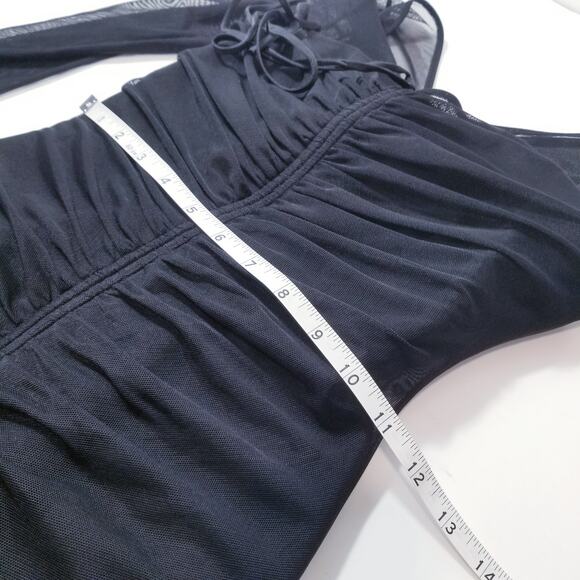 Cinq a Sept Black Ruched Mesh Mini Bodycon Dress Long Sleeves Plunging Neckline - Picture 7 of 12